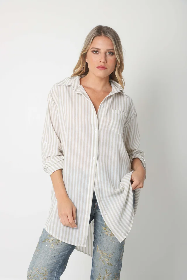 Camisa LOISA Lino Larga Raya ANCHA con Bolsillo