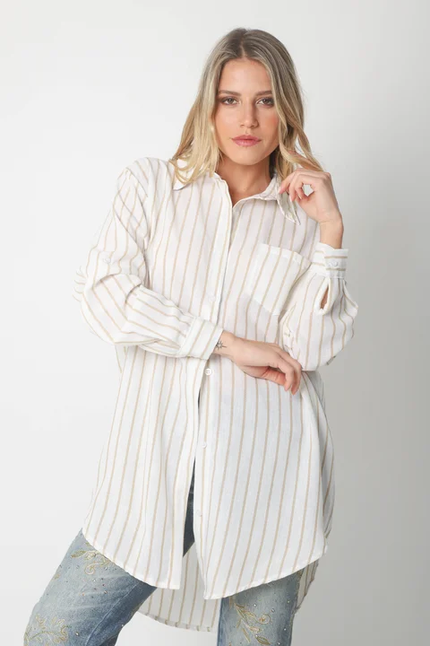 Camisa Emili Lino Larga Rayada con Bolsillo