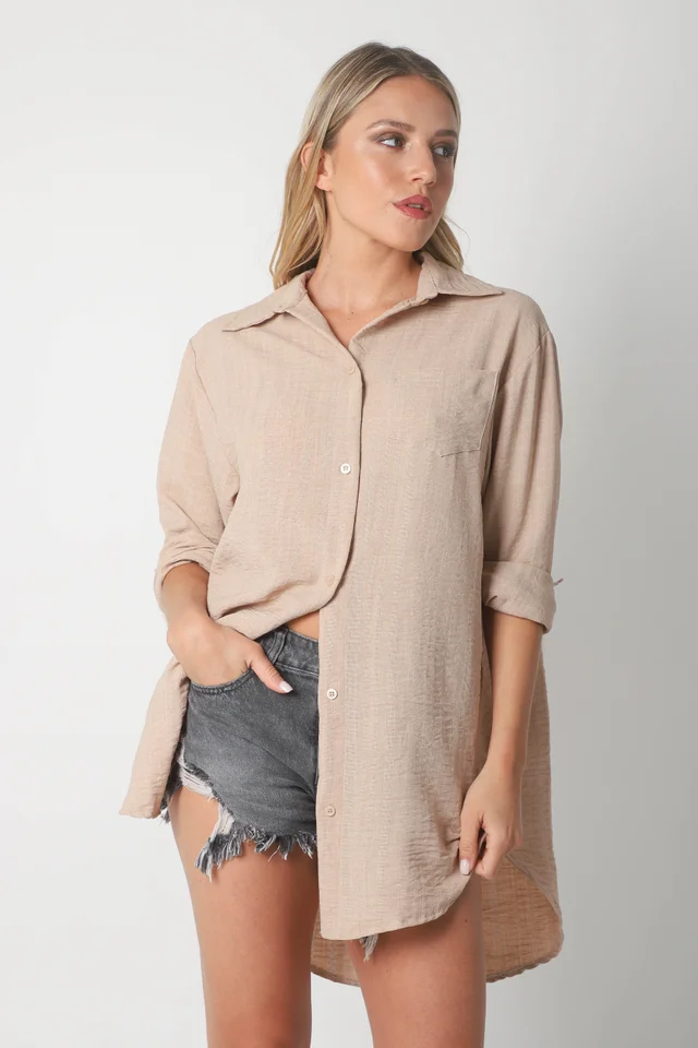 Camisa MARQUESA LARGA  de Lino con Fantasia y Bolsillo 