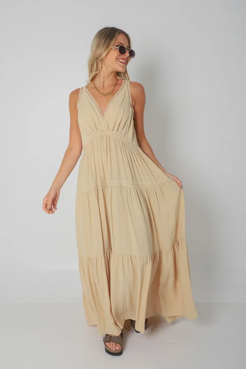 Vestido MURIEL de lino c/ guardas Guipiure GU2523