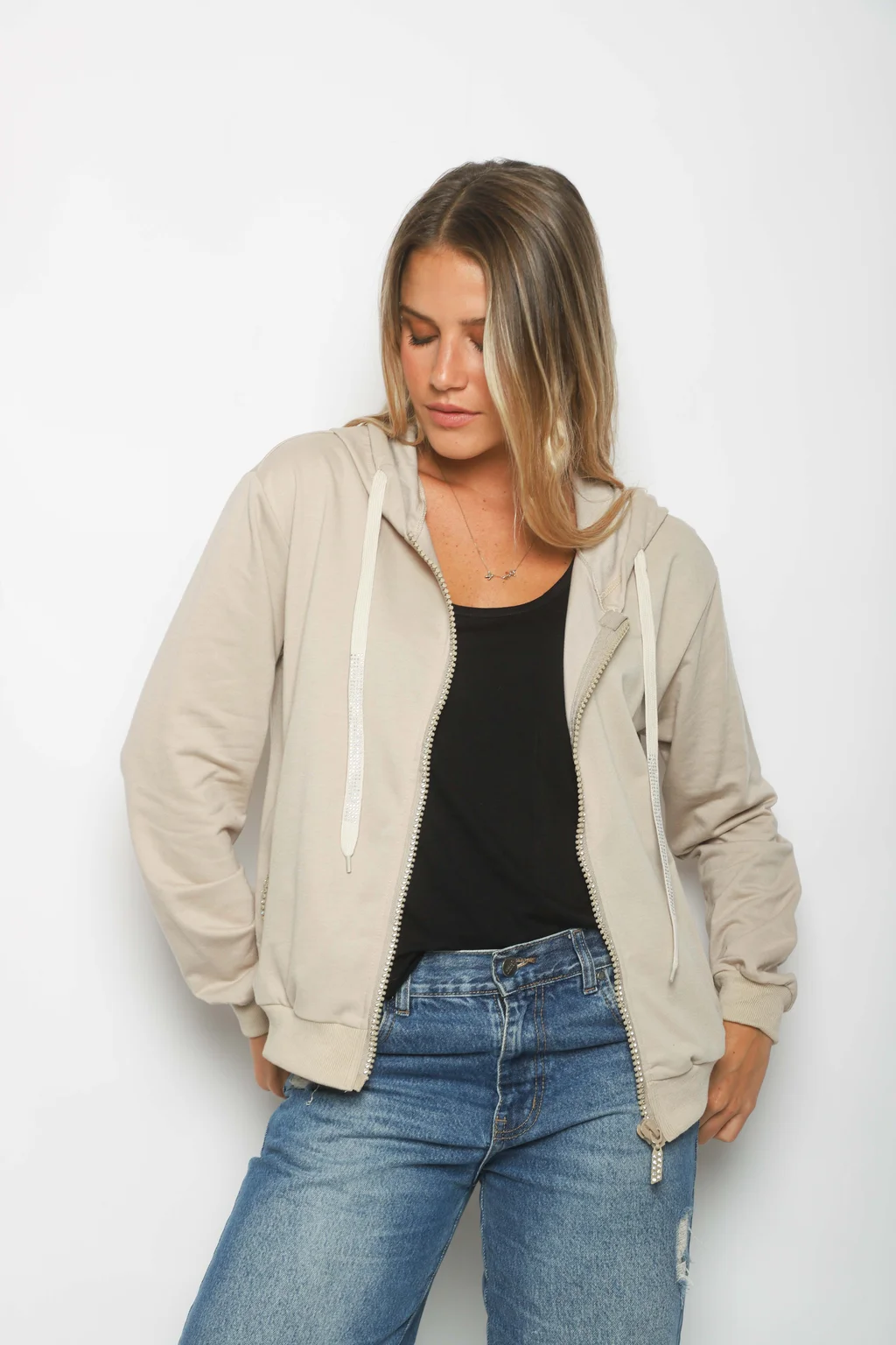 Campera Siena Beige Algodon con Cierres con Brillos GUK166