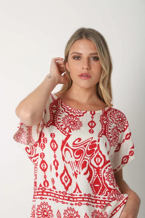 Blusa Lino Amplia Chenay Morroco c/ Strass  GU6130N