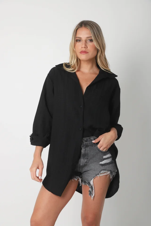 Camisa MARQUESA LARGA  de Lino con Fantasia y Bolsillo 