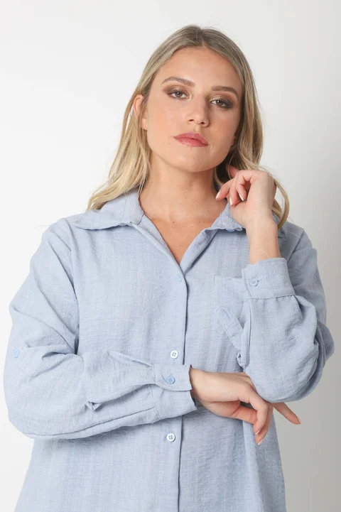 Camisa MARQUESA LARGA  de Lino con Fantasia y Bolsillo 