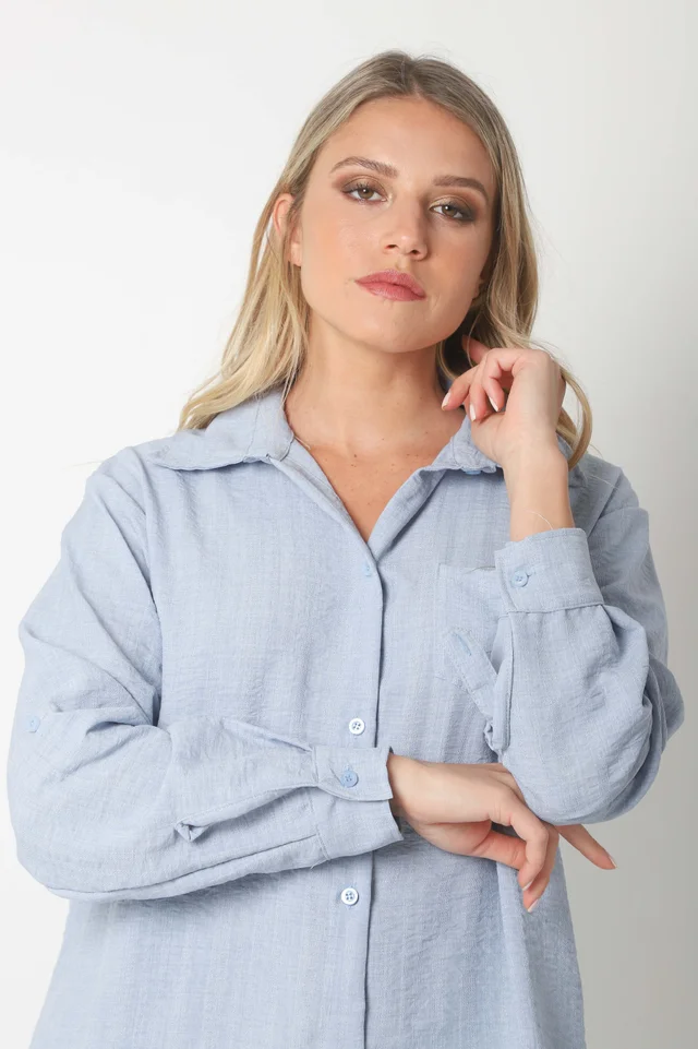 Camisa MARQUESA LARGA  de Lino con Fantasia y Bolsillo 