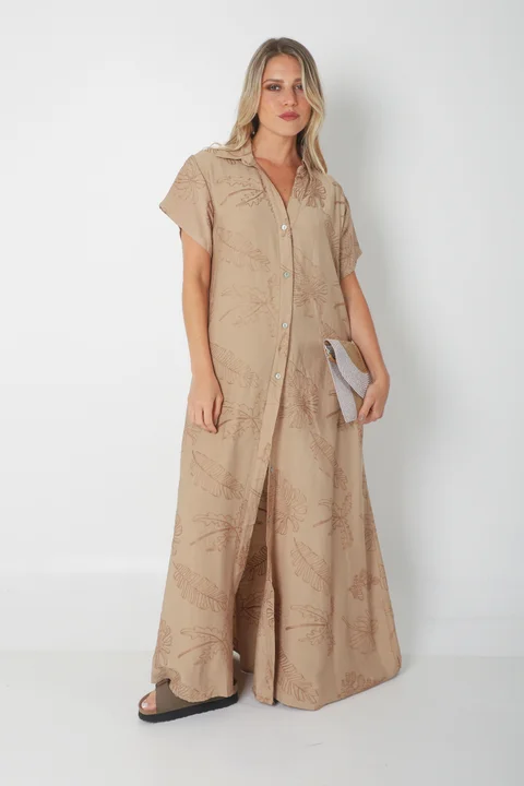  Vestido VANDALI Camisero de Lino c/ Hojas Bordadas GU2526