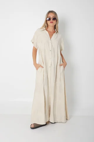  Vestido VANDALI Camisero de Lino c/ Hojas Bordadas GU2526 - Vista 3