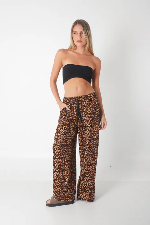 Pantalon Leopard Print Modal con Tiras