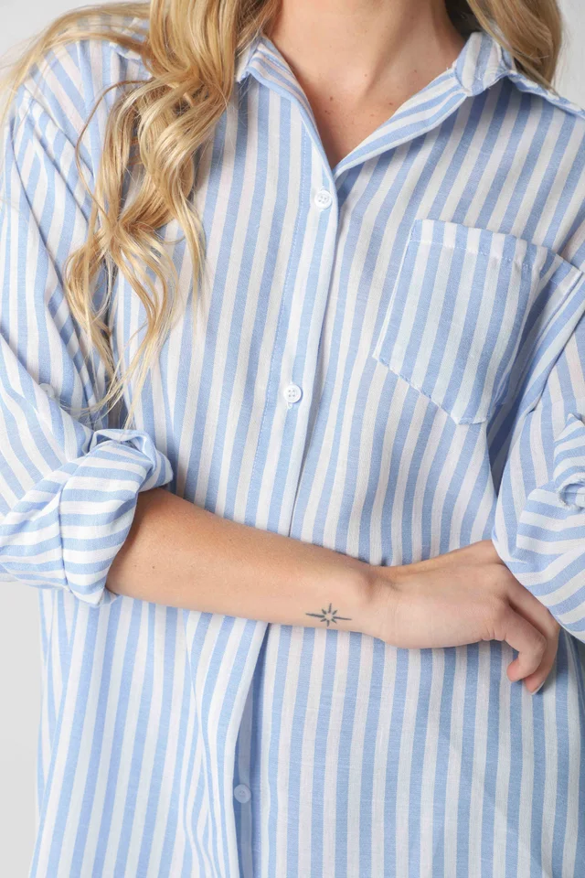 Camisa LOISA Lino Larga Raya ANCHA con Bolsillo