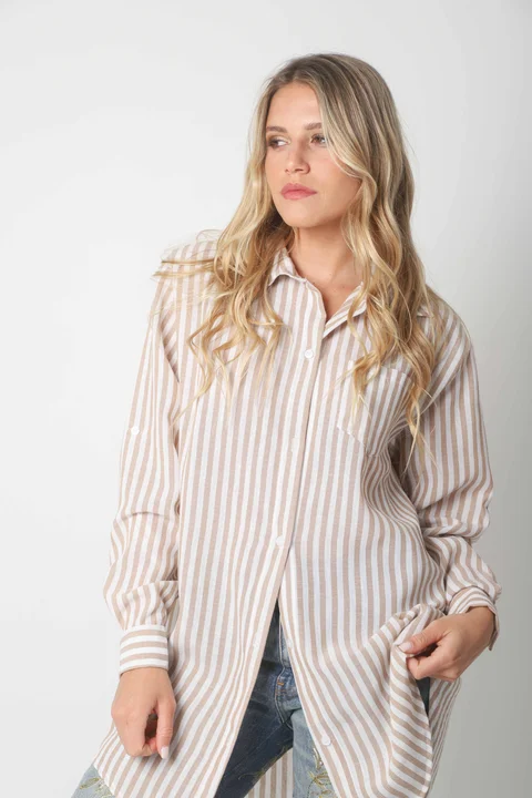 Camisa LOISA Lino Larga Raya ANCHA con Bolsillo