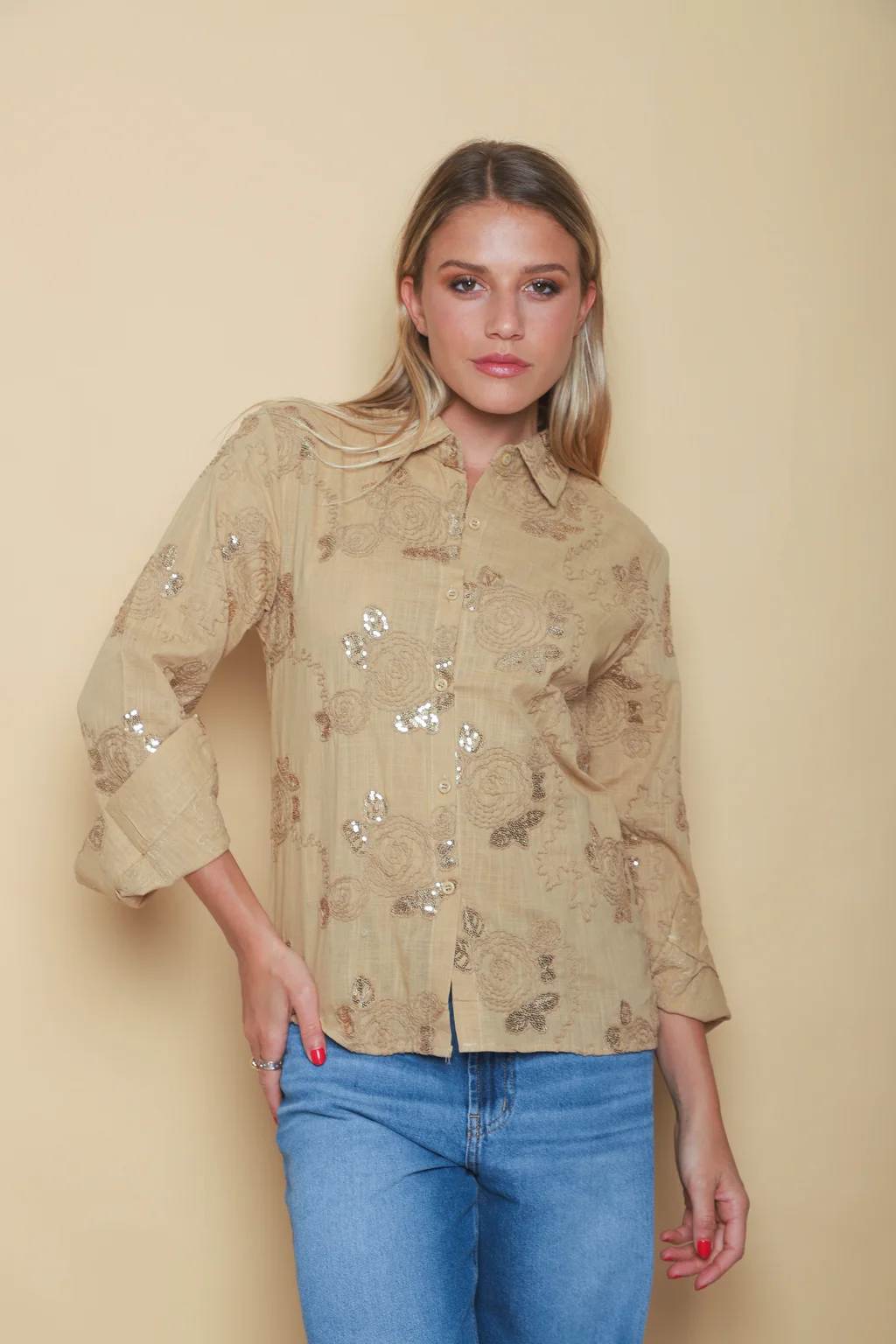 Camisa MISUKI LINO Bordada Flor Lentejuelas GU5192