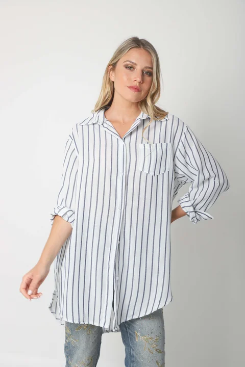 Camisa Emili Lino Larga Rayada con Bolsillo
