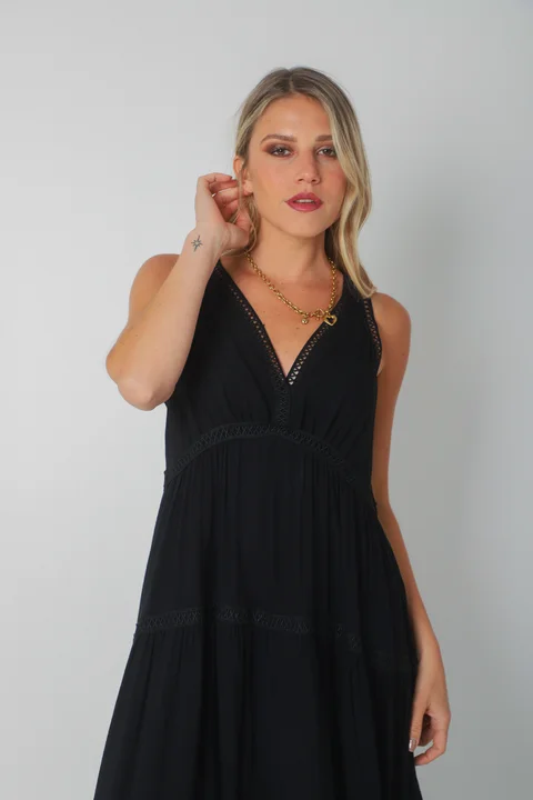 Vestido MURIEL de lino c/ guardas Guipiure GU2523