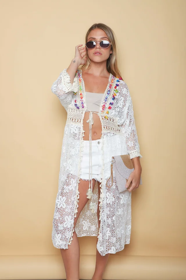 Kimono CERDEÑA Encaje Cuadrille Con Cintura Crochet GUH52737