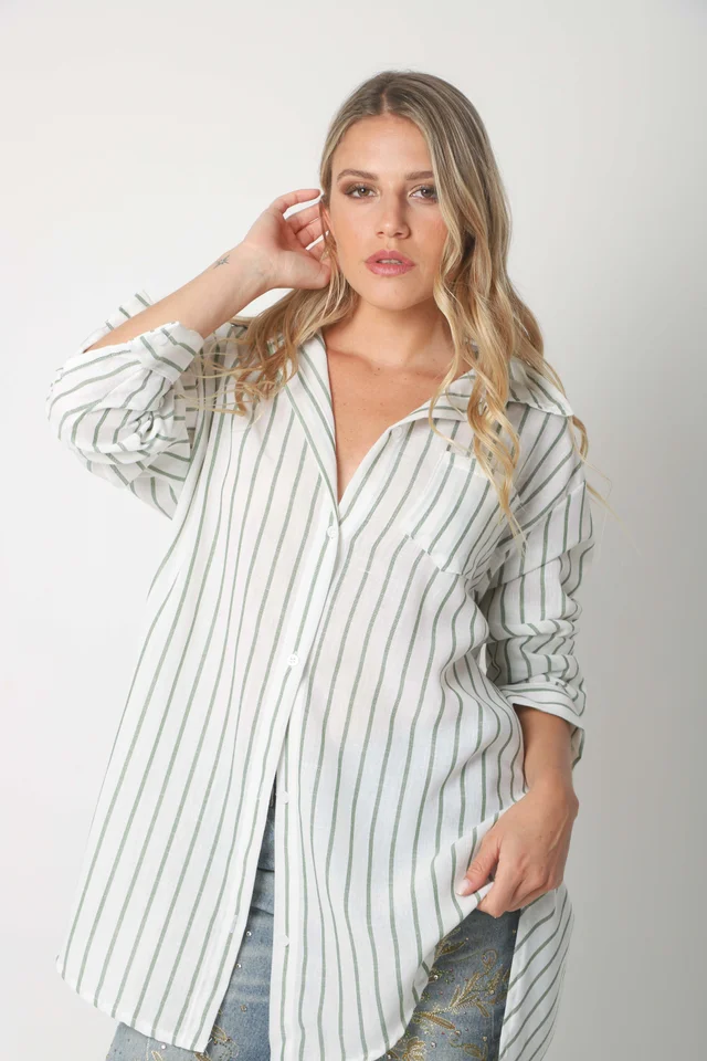 Camisa Emili Lino Larga Rayada con Bolsillo
