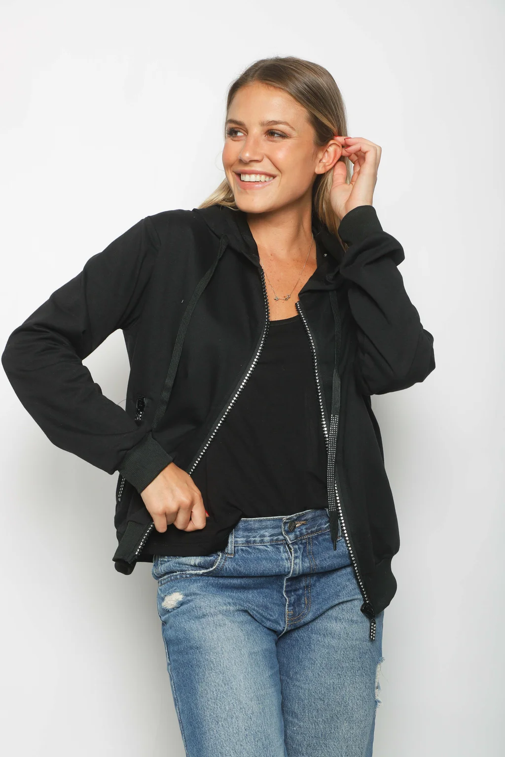 Campera Siena Black Algodon con Cierres con Brillos GUK166