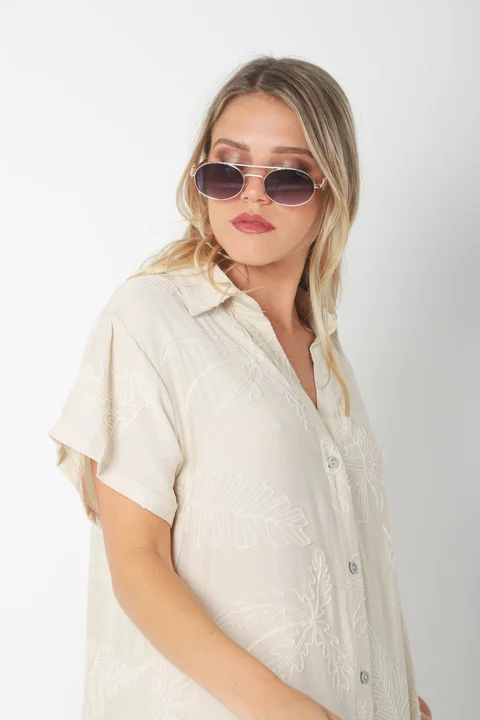  Vestido VANDALI Camisero de Lino c/ Hojas Bordadas GU2526