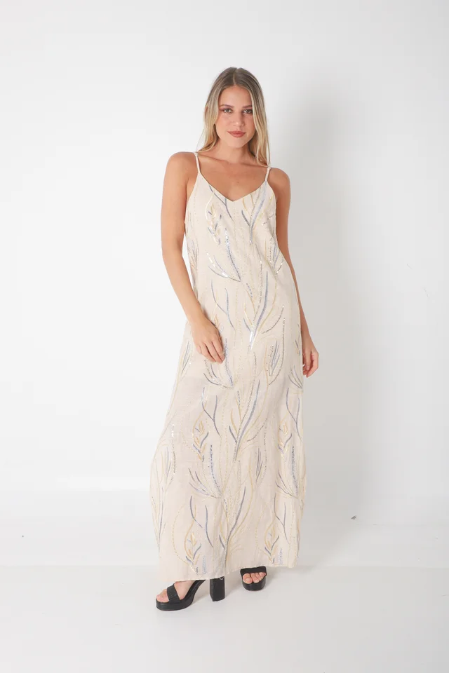 Vestido SANSA de Lino Forrado c/ Lentejuelas Bordadas GU70142