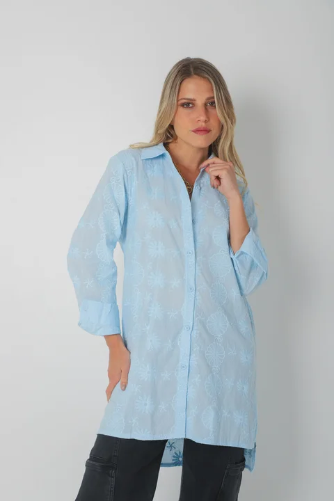 Camisa CANELA Larga de Broderie Flores Bordadas GU5205