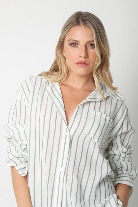 Camisa Emili Lino Larga Rayada con Bolsillo