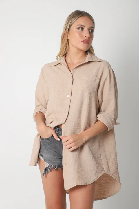 Camisa MARQUESA LARGA  de Lino con Fantasia y Bolsillo 