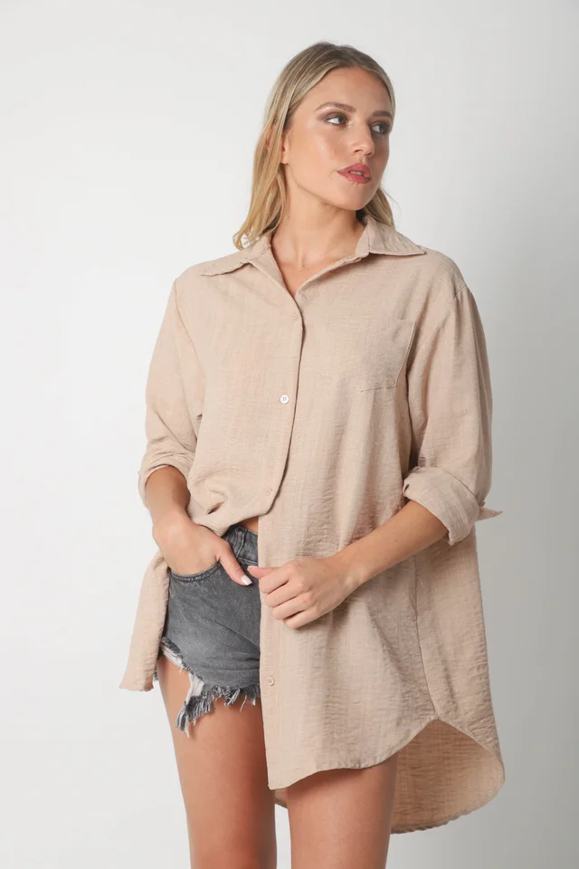 Camisa MARQUESA LARGA  de Lino con Fantasia y Bolsillo 