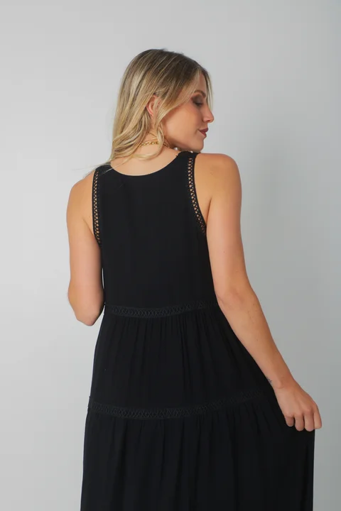 Vestido MURIEL de lino c/ guardas Guipiure GU2523