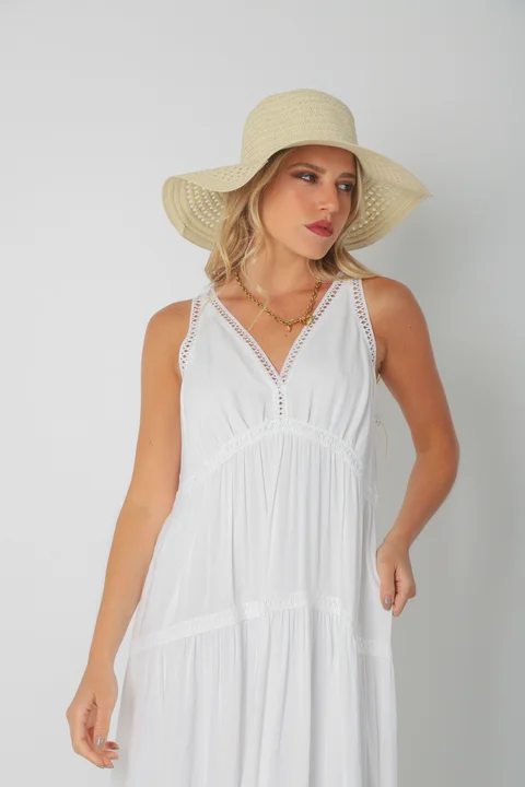 Vestido MURIEL de lino c/ guardas Guipiure GU2523