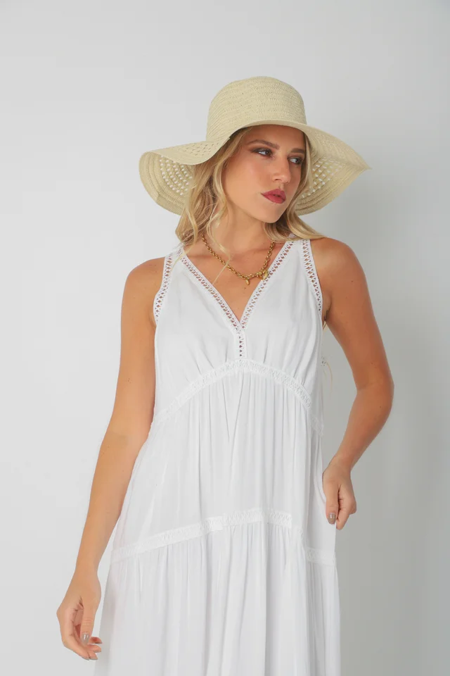 Vestido MURIEL de lino c/ guardas Guipiure GU2523