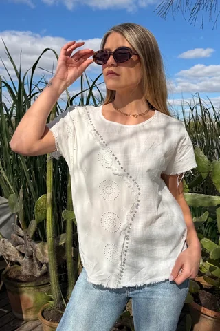 Blusa ARLEN Lino y Broderie con Piedras GU70214 - Vista 6