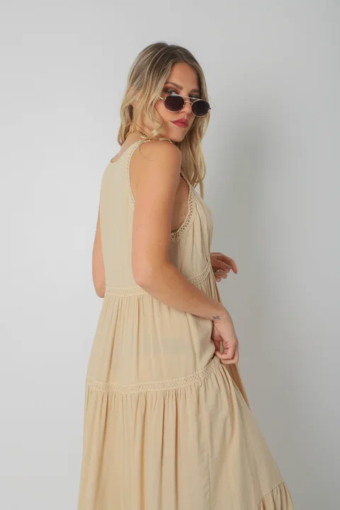 Vestido MURIEL de lino c/ guardas Guipiure GU2523