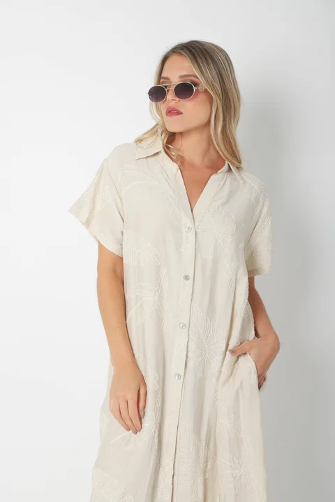  Vestido VANDALI Camisero de Lino c/ Hojas Bordadas GU2526