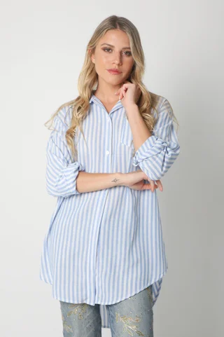 Camisa LOISA Lino Larga Raya ANCHA con Bolsillo - Vista 2