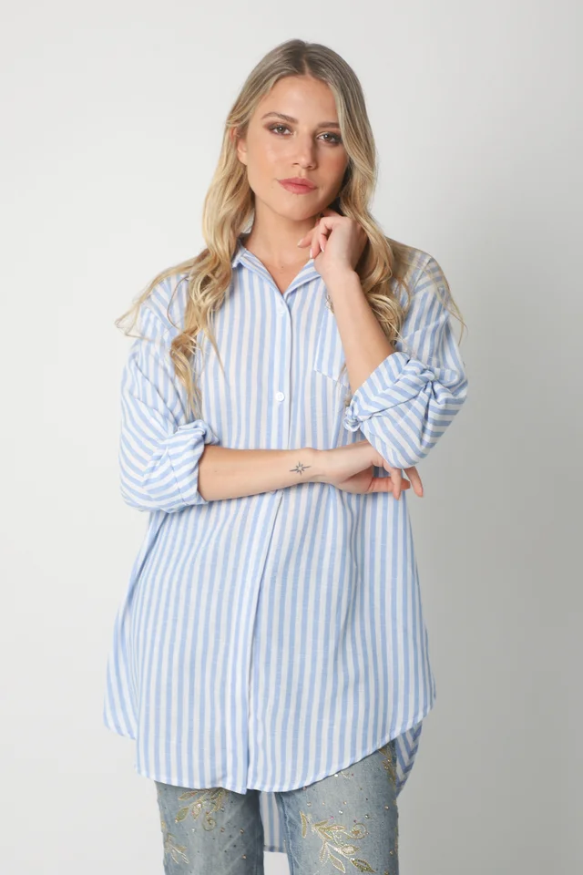 Camisa LOISA Lino Larga Raya ANCHA con Bolsillo