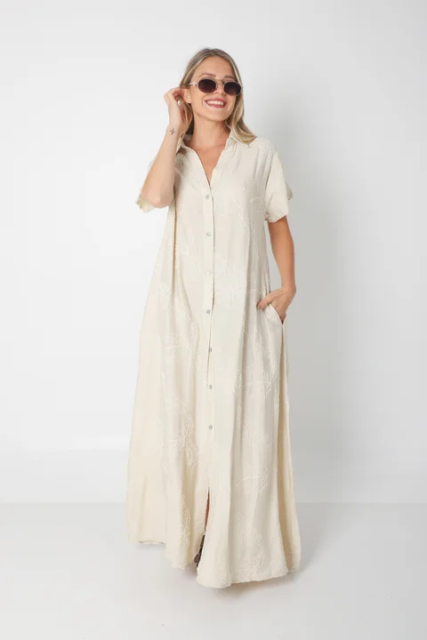  Vestido VANDALI Camisero de Lino c/ Hojas Bordadas GU2526