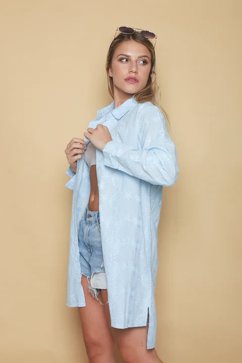 Camisa CANELA Larga de Broderie Flores Bordadas GU5205