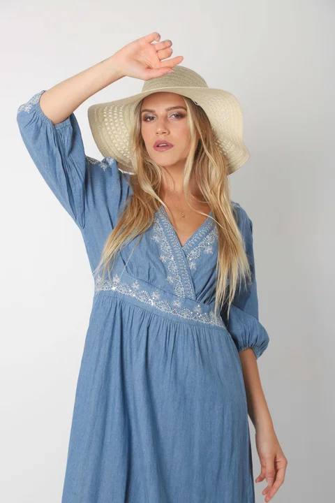 Vestido EMPERATRIZ Jean Cruzado c/Bordado (ru0560)