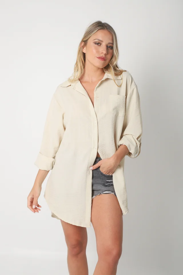 Camisa MARQUESA LARGA  de Lino con Fantasia y Bolsillo 