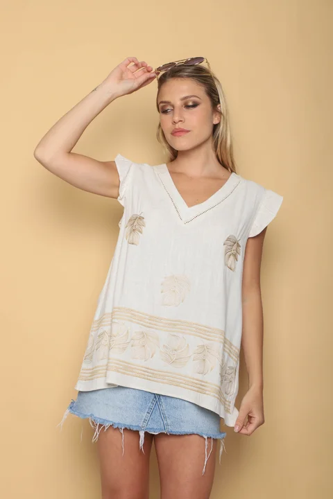 Blusa PALMIRA de Lino Bordado c/ Manga Volado GU0542