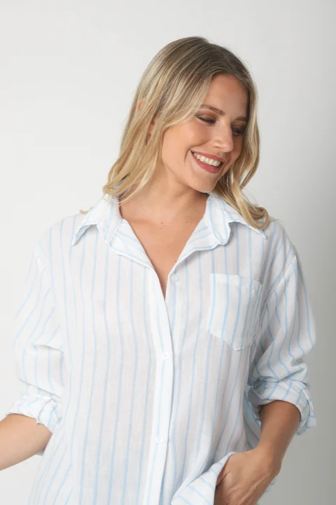 Camisa Emili Lino Larga Rayada con Bolsillo