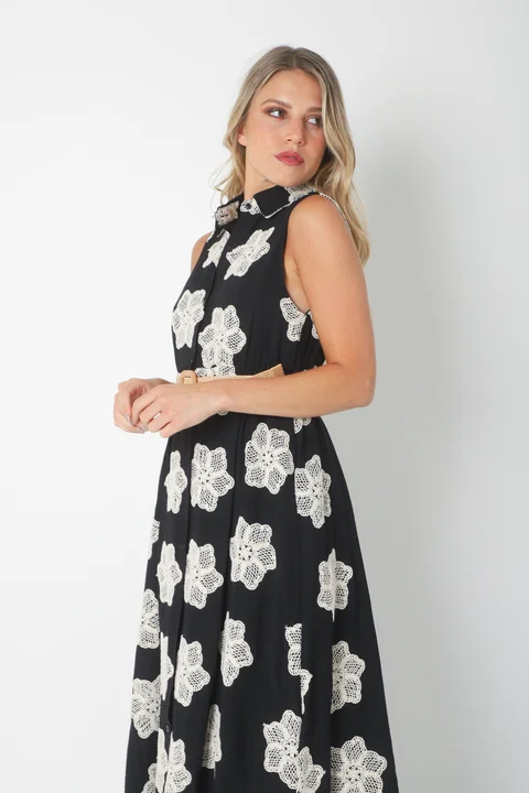 Vestido LOOK Camisero de LINO Bordado Con Cinto GU250114