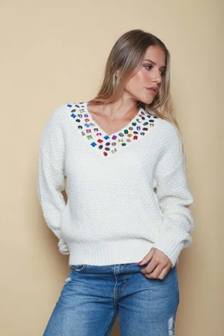 Sweater LUXE Escote V con Piedras de Colores GU81330 - Vista 4