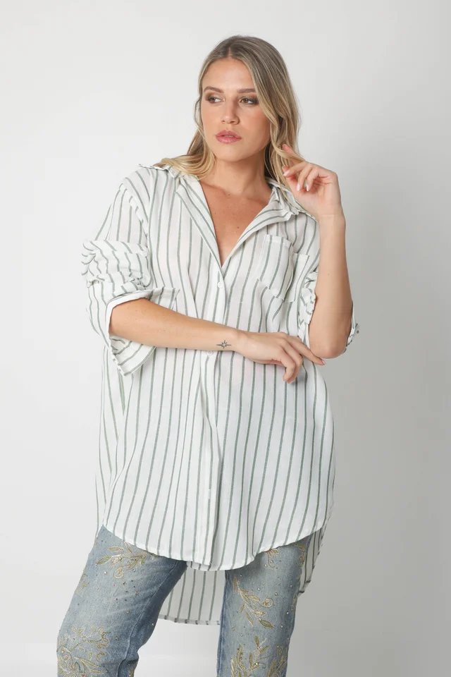 Camisa Emili Lino Larga Rayada con Bolsillo