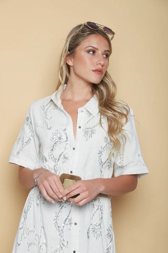 Vestido LAVIN Camisero de Lino Bordado GU0539