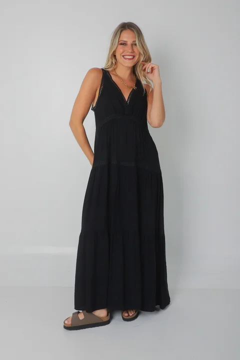 Vestido MURIEL de lino c/ guardas Guipiure GU2523