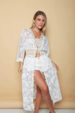 Kimono BORDEAUX Encaje Cuadrille Con Cintura Crochet GUH12567 - Vista 2