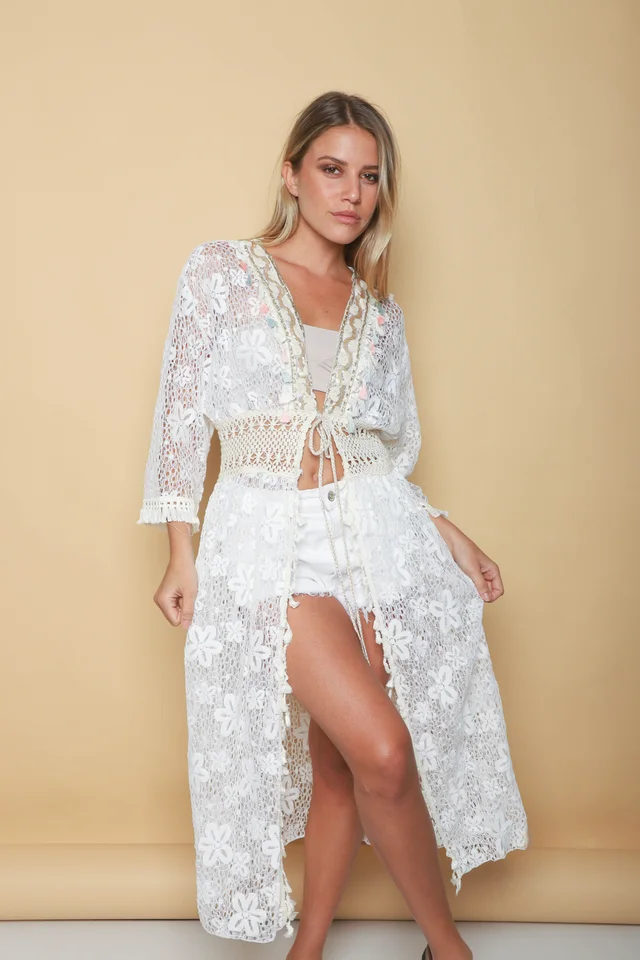 Kimono BORDEAUX Encaje Cuadrille Con Cintura Crochet GUH12567