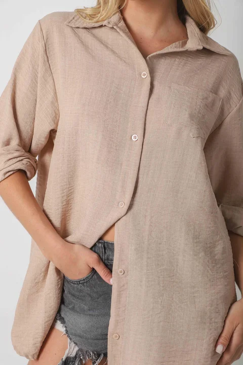 Camisa MARQUESA LARGA  de Lino con Fantasia y Bolsillo 