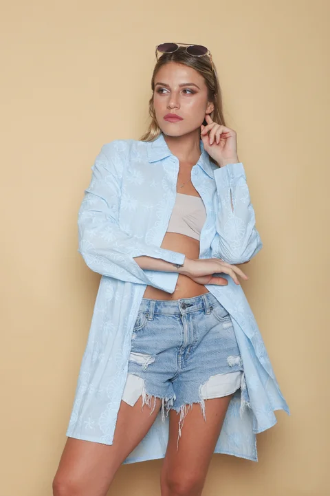 Camisa CANELA Larga de Broderie Flores Bordadas GU5205