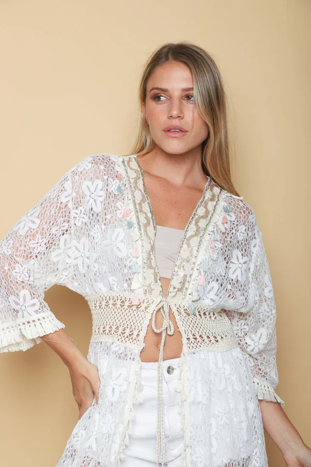 Kimono BORDEAUX Encaje Cuadrille Con Cintura Crochet GUH12567